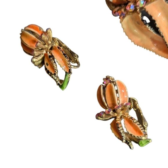 Lisner Floral Brooch Clip On Earrings Set Orange Enamel Rhinestones Retro vtg - Picture 6 of 8